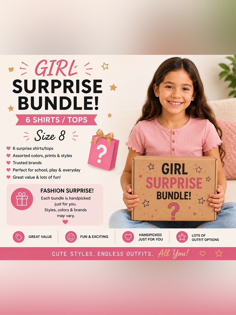 Girls Size 8 surprise Clothing Bundle 6 Shirts Tops Fashion Box